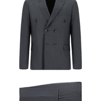 Orta Antrasit 7 Drop Super Slim Fit Eksra Dar Kesim Çizgili Kruvaze Takım Elbise