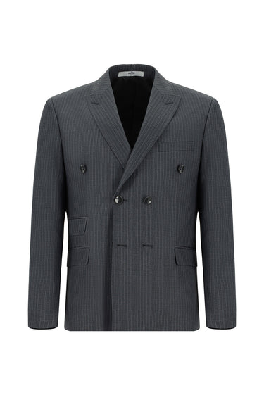 Orta Antrasit 7 Drop Super Slim Fit Eksra Dar Kesim Çizgili Kruvaze Takım Elbise