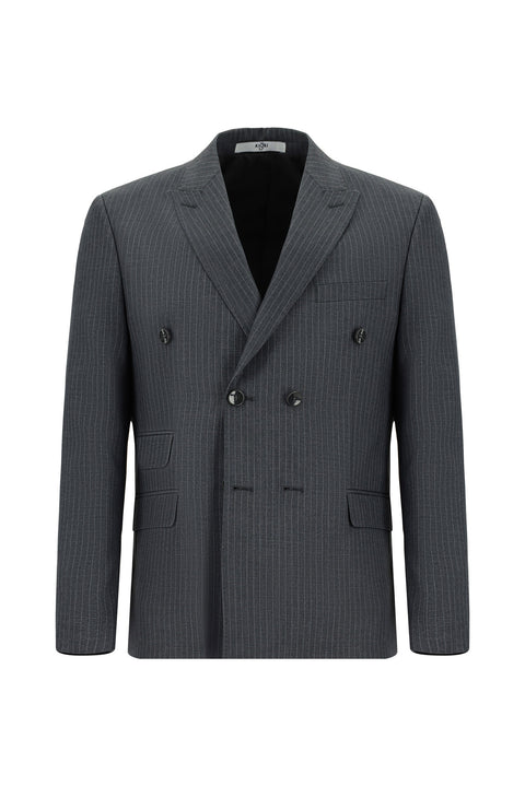Orta Antrasit 7 Drop Super Slim Fit Eksra Dar Kesim Çizgili Kruvaze Takım Elbise