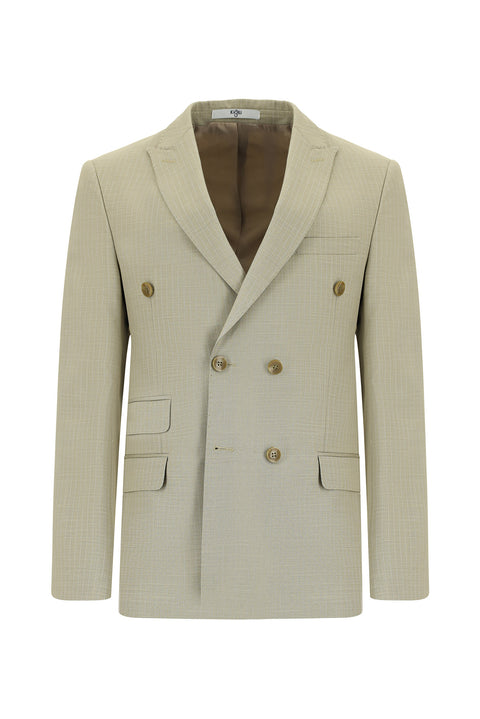 Açık Vizon 7 Drop Super Slim Fit Eksra Dar Kesim Çizgili Kruvaze Takım Elbise