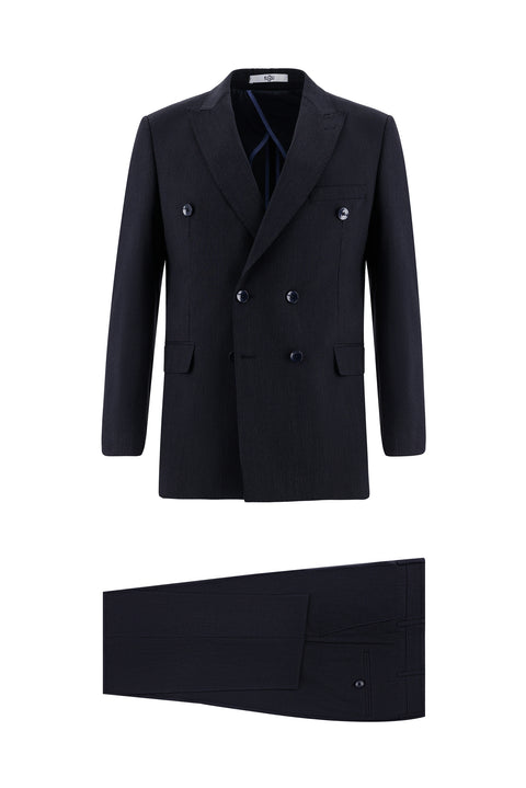 Dark Navy 7 Drop Slim Fit Double-Breasted Striped Suit