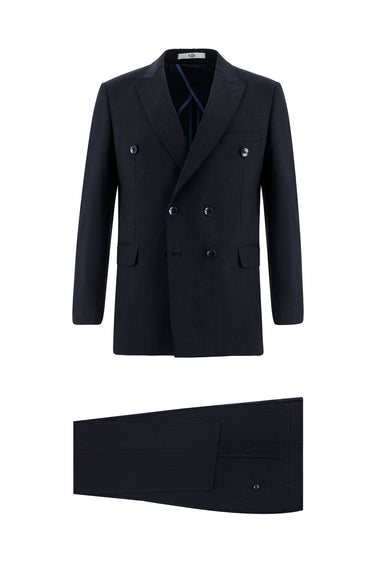  Koyu Lacivert Slim Fit Dar Kesim Kruvaze Çizgili Takım Elbise