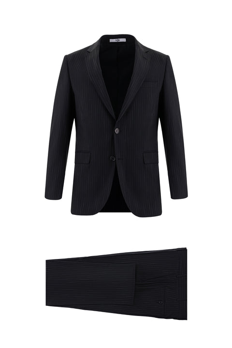 Siyah 7 Drop Slim Fit Dar Kesim Çizgili Takım Elbise