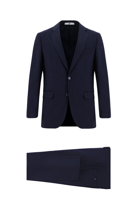 Koyu Lacivert 7 Drop Slim Fit Dar Kesim Çizgili Takım Elbise