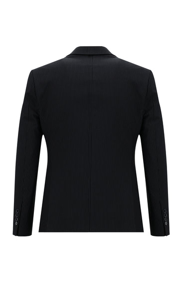 Koyu Lacivert Slim Fit Dar Kesim Klasik Çizgili Takım Elbise
