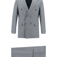 Orta Füme Slim Fit Dar Kesim Kruvaze Çizgili Takım Elbise