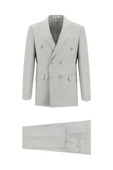 Açık Bej Slim Fit Dar Kesim Kruvaze Çizgili Takım Elbise