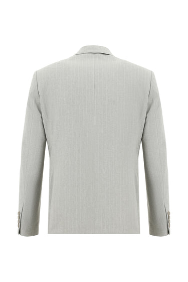 Açık Bej Slim Fit Dar Kesim Kruvaze Çizgili Takım Elbise