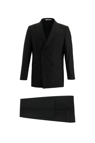  Siyah 7 Drop Super Slim Fit Eksra Dar Kesim Çizgili Kruvaze Takım Elbise