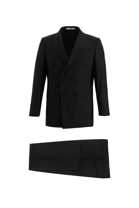 Siyah 7 Drop Super Slim Fit Eksra Dar Kesim Çizgili Kruvaze Takım Elbise