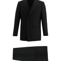 Siyah Super Slim Fit Ekstra Dar Kesim Çizgili Kruvaze Takım Elbise