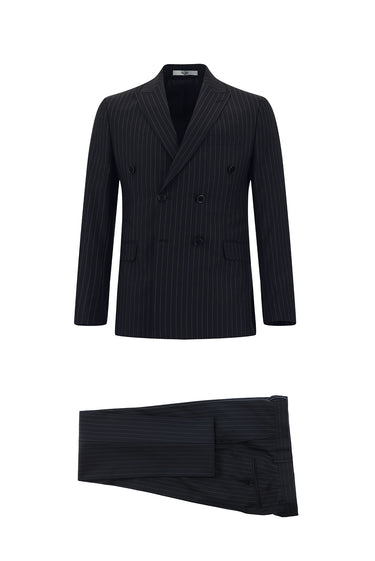 Koyu Lacivert Super Slim Fit Ekstra Dar Kesim Çizgili Kruvaze Takım Elbise