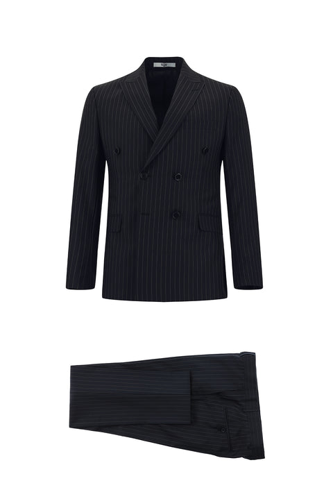 Koyu Lacivert 7 Drop Super Slim Fit Eksra Dar Kesim Fit Çizgili Kruvaze Takım Elbise