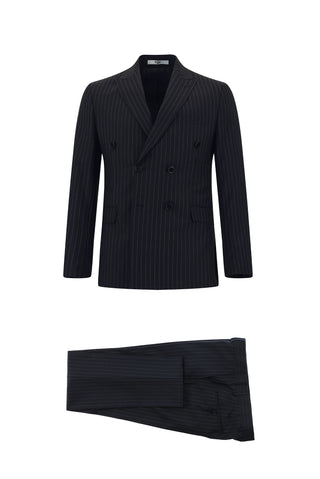  Koyu Lacivert 7 Drop Super Slim Fit Eksra Dar Kesim Fit Çizgili Kruvaze Takım Elbise