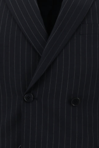  Koyu Lacivert 7 Drop Super Slim Fit Eksra Dar Kesim Fit Çizgili Kruvaze Takım Elbise