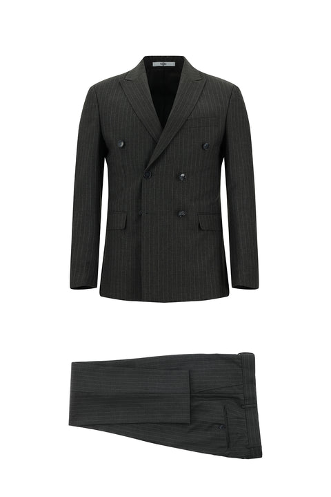 Orta Antrasit 7 Drop Super Slim Fit Eksra Dar Kesim Çizgili Kruvaze Takım Elbise