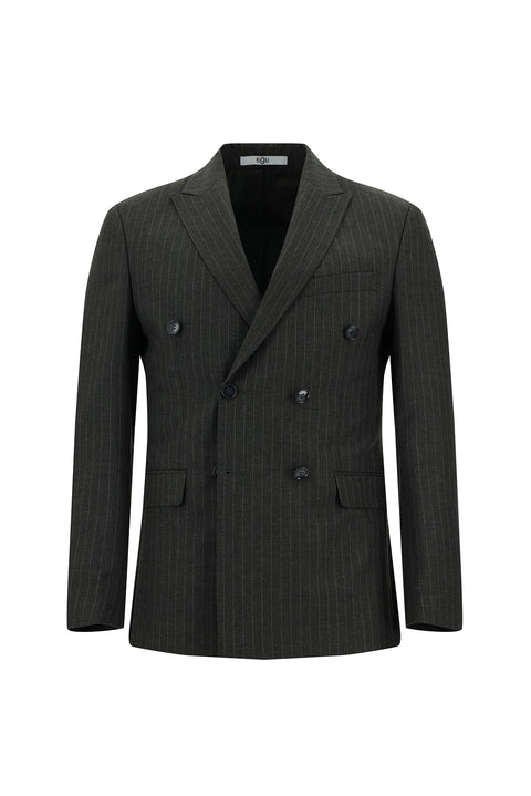 Orta Antrasit 7 Drop Super Slim Fit Eksra Dar Kesim Çizgili Kruvaze Takım Elbise