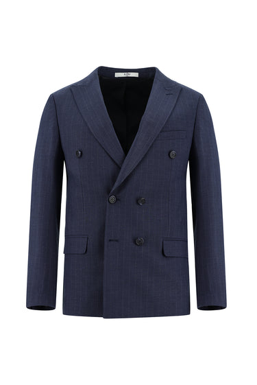  Orta Lacivert Super Slim Fit Ekstra Dar Kesim Fit Kruvaze Çizgili Takım Elbise