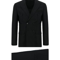 Siyah 7 Drop Slim Fit Dar Kesim Çizgili Kruvaze Takım Elbise