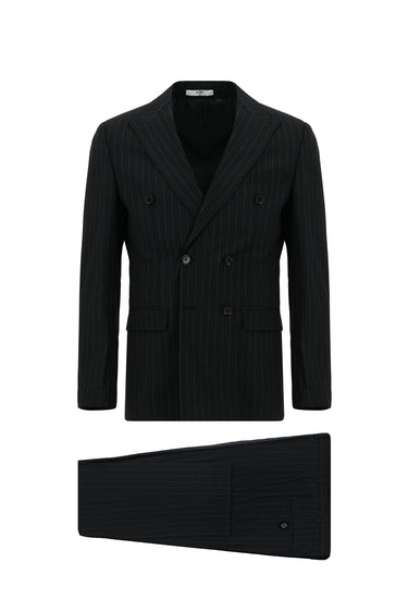 Siyah 7 Drop Slim Fit Dar Kesim Çizgili Kruvaze Takım Elbise