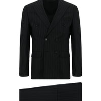 Siyah 7 Drop Slim Fit Dar Kesim Çizgili Kruvaze Takım Elbise