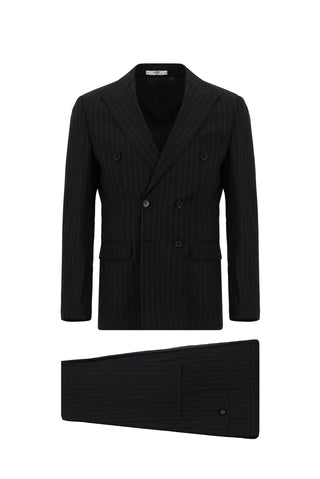  Siyah 7 Drop Slim Fit Dar Kesim Çizgili Kruvaze Takım Elbise