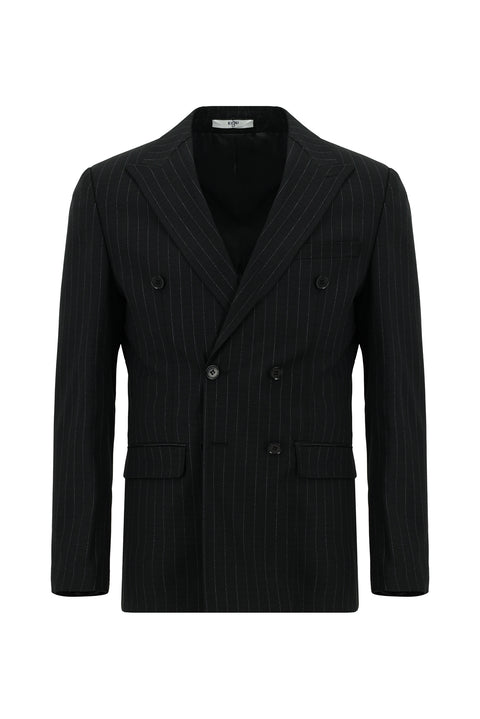 Siyah 7 Drop Slim Fit Dar Kesim Çizgili Kruvaze Takım Elbise