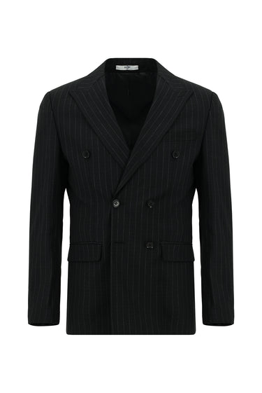 Siyah Regular Fit Çizgili Kruvaze Takım Elbise