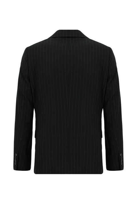 Siyah 7 Drop Slim Fit Dar Kesim Çizgili Kruvaze Takım Elbise