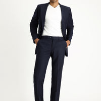 Koyu Lacivert 7 Drop Slim Fit Dar Kesim Çizgili Kruvaze Takım Elbise