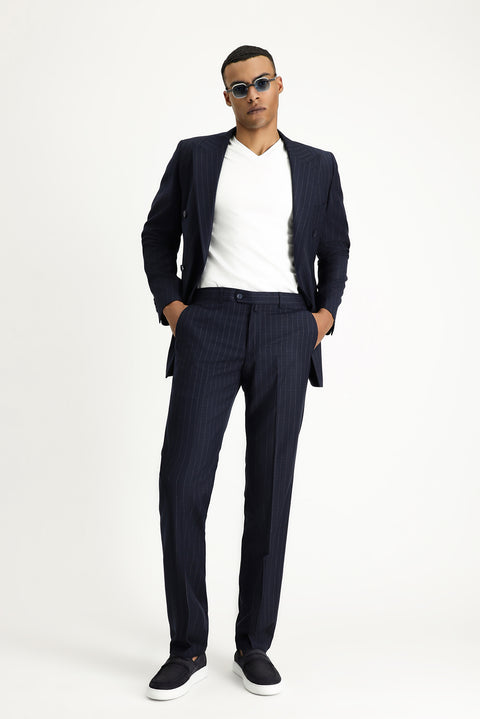 Koyu Lacivert 7 Drop Slim Fit Dar Kesim Çizgili Kruvaze Takım Elbise