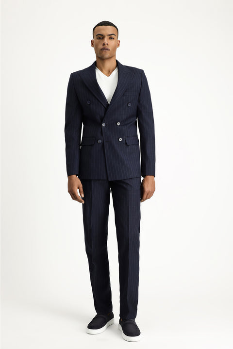 Koyu Lacivert 7 Drop Slim Fit Dar Kesim Çizgili Kruvaze Takım Elbise