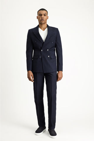  Koyu Lacivert 7 Drop Slim Fit Dar Kesim Çizgili Kruvaze Takım Elbise