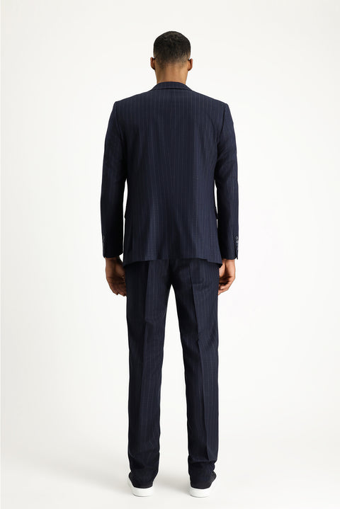 Koyu Lacivert 7 Drop Slim Fit Dar Kesim Çizgili Kruvaze Takım Elbise