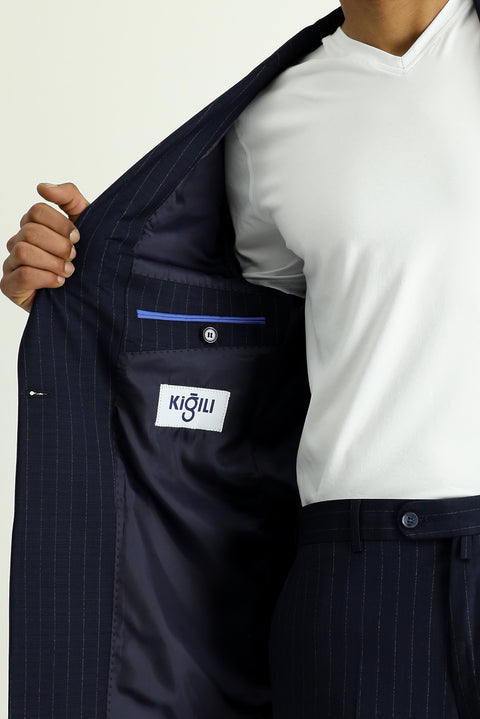 Koyu Lacivert 7 Drop Slim Fit Dar Kesim Çizgili Kruvaze Takım Elbise