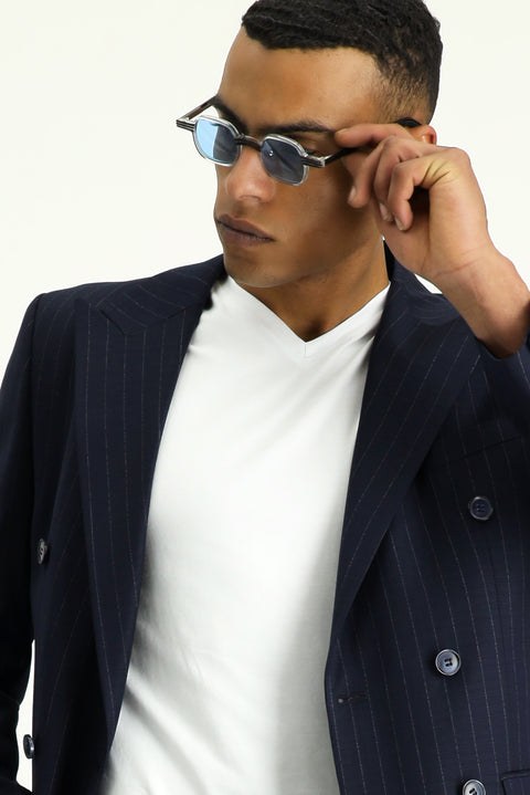 Koyu Lacivert 6 Drop Regular Fit Standart Kesim Çizgili Kruvaze Takım Elbise