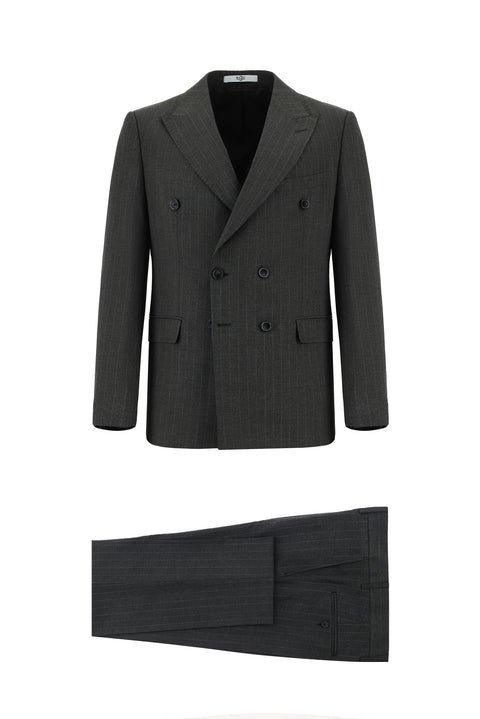 Koyu Antrasit 7 Drop Slim Fit Dar Kesim Çizgili Kruvaze Takım Elbise