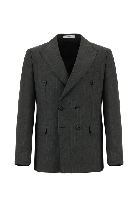 Koyu Antrasit 7 Drop Slim Fit Dar Kesim Çizgili Kruvaze Takım Elbise