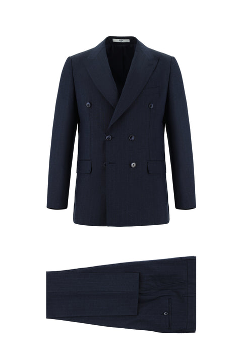 Koyu Lacivert 6 Drop Regular Fit Standart Kesim Çizgili Kruvaze Takım Elbise