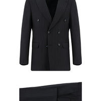 Koyu Lacivert Slim Fit Dar Kesim Çizgili Kruvaze Takım Elbise