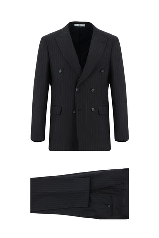  Koyu Lacivert 7 Drop Slim Fit Dar Kesim Çizgili Kruvaze Takım Elbise