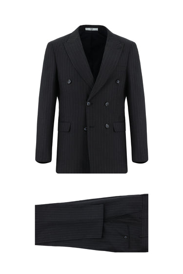 Koyu Lacivert Super Slim Fit Ekstra Dar Kesim Çizgili Kruvaze Takım Elbise