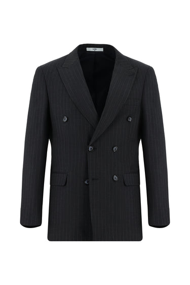  Koyu Lacivert Slim Fit Dar Kesim Çizgili Kruvaze Takım Elbise