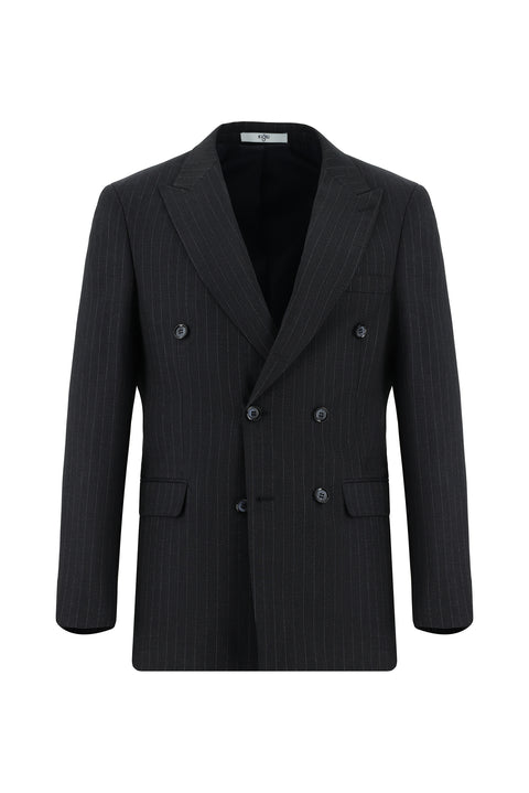 Koyu Lacivert 7 Drop Slim Fit Dar Kesim Çizgili Kruvaze Takım Elbise