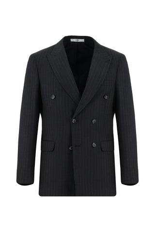  Koyu Lacivert 7 Drop Slim Fit Dar Kesim Çizgili Kruvaze Takım Elbise