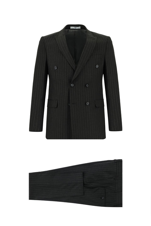 Koyu Antrasit 7 Drop Super Slim Fit Eksra Dar Kesim Çizgili Kruvaze Takım Elbise