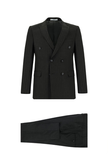 Koyu Antrasit Slim Fit Dar Kesim Çizgili Kruvaze Takım Elbise