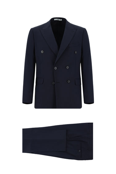 Koyu Lacivert Slim Fit Dar Kesim Çizgili Kruvaze Takım Elbise