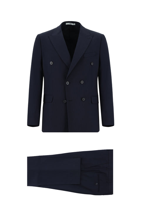 Koyu Lacivert 7 Drop Slim Fit Dar Kesim Çizgili Kruvaze Takım Elbise