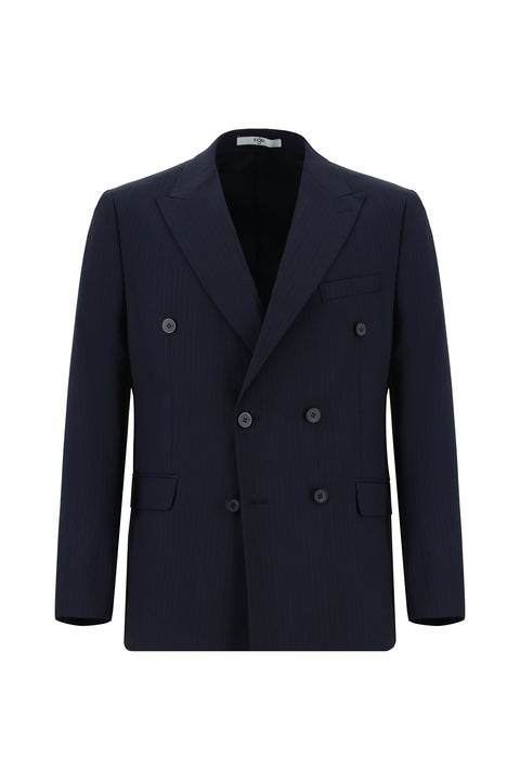 Koyu Lacivert 6 Drop Regular Fit Standart Kesim Çizgili Kruvaze Takım Elbise